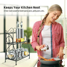 Load image into Gallery viewer, Discover the best spice rack ispecle 2 tier foldable shelf rack kitchen bathroom countertop 2 tier standing storage organizer spice jars bottle shelf holder rack black