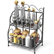 Load image into Gallery viewer, Budget friendly spice rack ispecle 2 tier foldable shelf rack kitchen bathroom countertop 2 tier standing storage organizer spice jars bottle shelf holder rack black