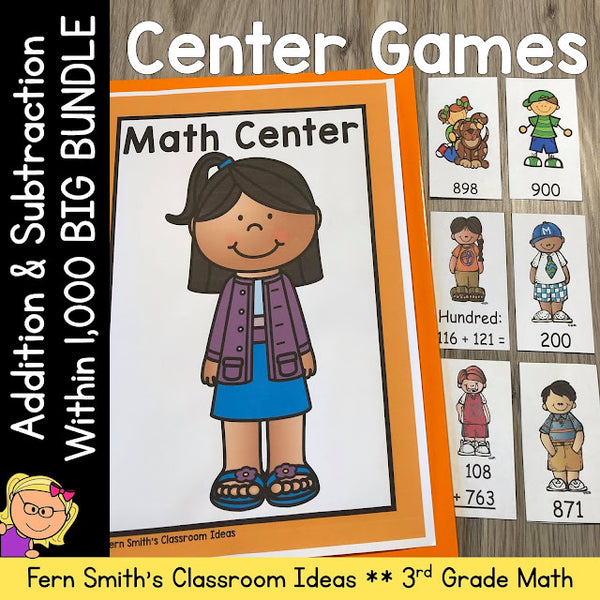 GRAB THIS 3RD GRADE BUNDLE OF ADDITION & SUBTRACTION WITHIN 1,000 CENTER GAMES! IT IS PERFECT FOR YOUR HANDS-ON MATH CENTERS!