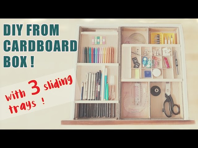 How to make a 3 level desk drawer organizer with sliding trays from a cardboard box