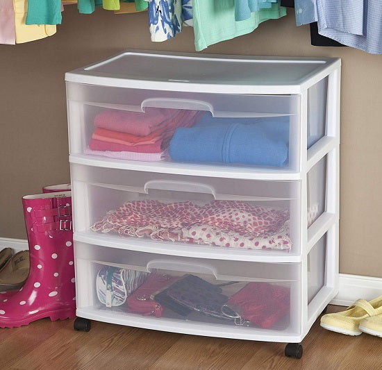 Sterilite Wide 3 Drawer Cart, Clear Drawers and White Frame