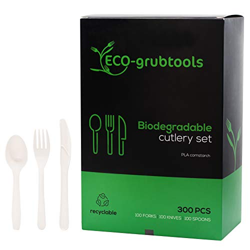 ECO-grubtools (100 Fork, 100 Spoon, and 100 Knife) Compostable Plastic Utensils Set  Biodegradable and Eco Friendly Cutlery Set Camping Supplies  Recyclable Party Supplies Flatware
