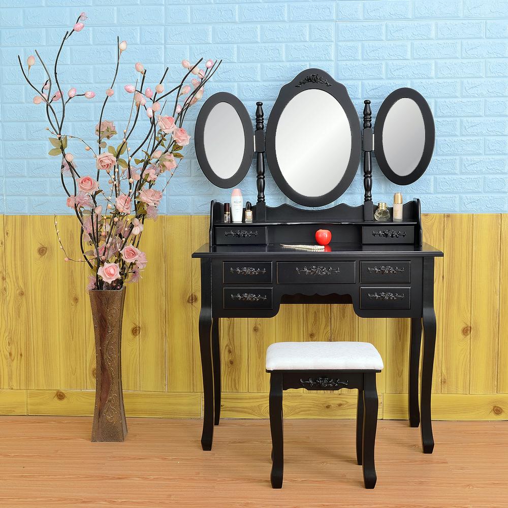 Foldable 3 Mirrors with 7 Drawers Dressing Table Black