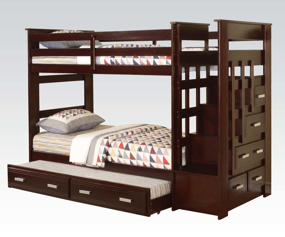 Allentown Collection Twin Over Twin Size Bunk Bed with Storage Ladder, Trundle Included, Staircase Drawers, Center Wood Glide Drawer and Full Length Guard Rails in Espresso Finish
