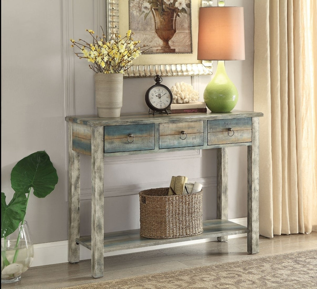 Acme 97257 Glancio Antique White Teal 3 Drawer Console Table
