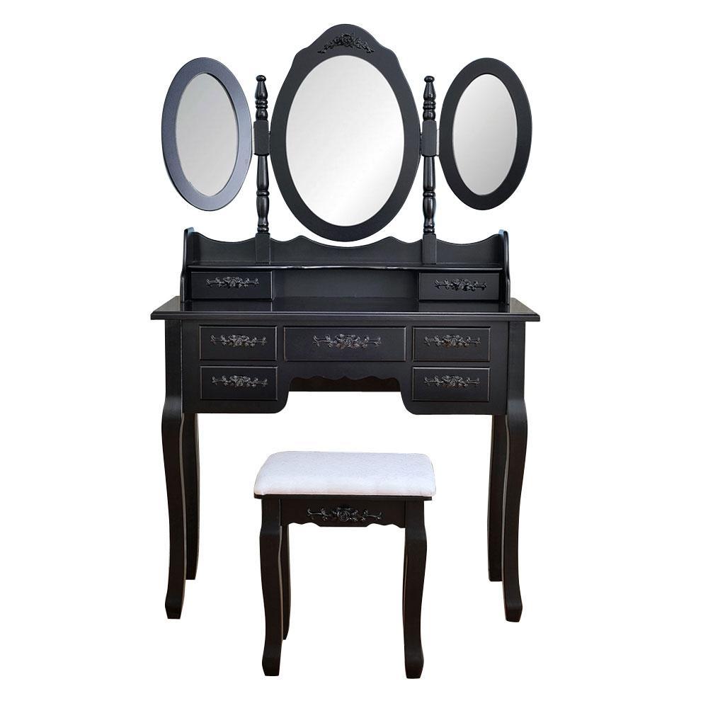 Foldable 3 Mirrors with 7 Drawers Dressing Table Black