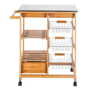 FCH Moveable Kitchen Cart with Stainless Steel Table Top &amp; Three Drawers &amp; Three Baskets Burlywood