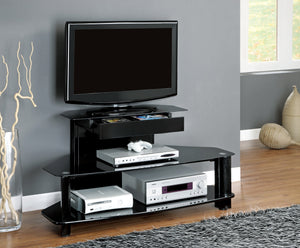 48"L GLOSSY BLACK WOOD METAL TEMPERED TV STAND