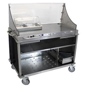 Cadco Mobile Demo/Sampling Cart, Large, Full Size Buffet Server, Open Cabinet Base, Black WilsonArt® Laminate Panels, Stainless Steel Construction