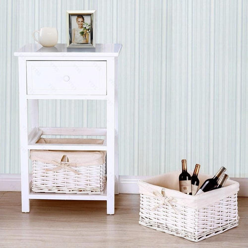 White Wood 1-Drawer End Table Nightstand with 2 Baskets