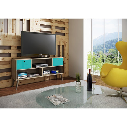 Modern Mid-Century TV Stand Entertainment Center in Oak Aqua Grey Wood Finish