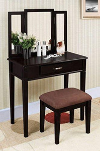Contemporary Style Wooden Accent Tri-Folding Mirror Make-Up Vanity Dresser Table and Brown Upholstery Fabric Stool Set with Sinlge Storage Drawer | Rectangle, Black Finish, Bedroom Furniture