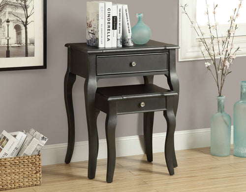 ANTIQUE BLACK VENEER NESTING TABLE, SET OF 2