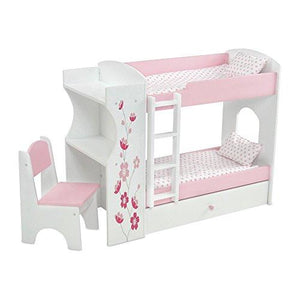 18 Inch Doll Furniture | Pink And White Bunk Bed & Desk Combo With Gorgeous Flower Print, Includes Pink And White Polka Dot Bedding | Fits American Girl Dolls