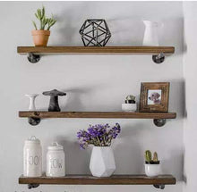 Load image into Gallery viewer, Budget 3 rustic floating shelves industrial wood shelves wall storage shelf natural wood wall mounted shelves with industrial shelving pipe brackets for bedrooms nursery kitchen by domestics 101 walnut