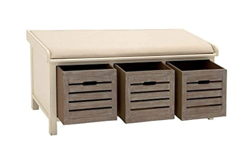 Deco 79 96344 Beige Wood Storage Bench with Cushion & 3 Drawers, 42” x 20”