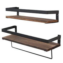 Load image into Gallery viewer, Top rated y me bathroom storage shelf wall mounted set of 2 rustic wood floating shelves with removable towel bar perfect for kitchen bathroom carbonized brown