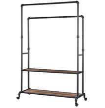 Load image into Gallery viewer, Cheap homissue 72 inch industrial pipe double rail hall tree with shoe storage on wheel 2 shelf rolling clothes rack organizer with 2 hanging rod for garment storage display vintage brown