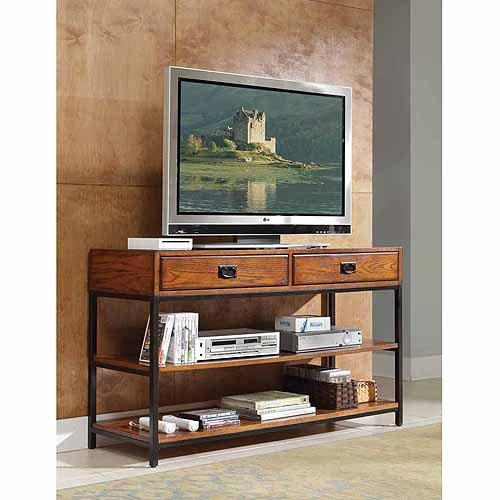2 Drawer Storage TV Stand With 2 Large Fixed Shelves, Entertainment Enter, Space Saving Design, Displaying Surface, Ideal Living Room, Family Room, Entertainment Center, Oak Finish + Expert Guide