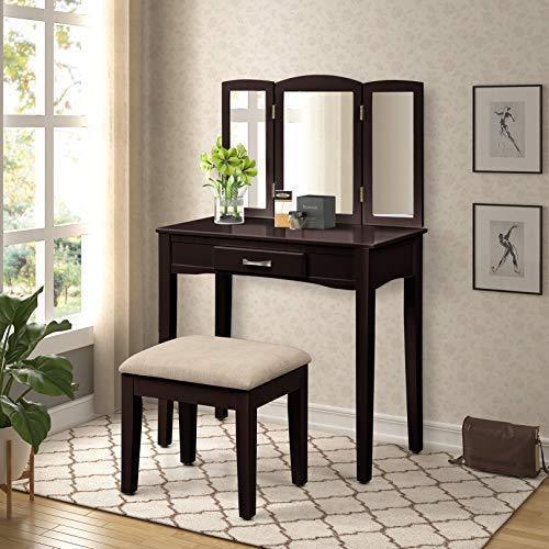 Harper&Bright Designs Vanity Table Set with Mirror & Cushioned Stool Dressing Table Make up Vanity Dresser(Espresso)