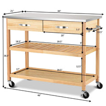 Load image into Gallery viewer, Purchase giantex kitchen trolley cart rolling island cart serving cart large storage with stainless steel countertop lockable wheels 2 drawers and shelf utility cart for home and restaurant solid pine wood