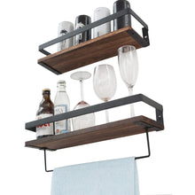 Load image into Gallery viewer, Try y me bathroom storage shelf wall mounted set of 2 rustic wood floating shelves with removable towel bar perfect for kitchen bathroom carbonized brown