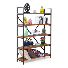 Load image into Gallery viewer, Get care royal vintage 5 tier open back storage bookshelf industrial 69 5 inches h bookcase decor display shelf living room home office natural solid reclaimed wood sturdy rustic brown metal frame