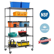 Load image into Gallery viewer, Order now 5 wire shelving unit steel large metal shelf organizer garage storage shelves heavy duty nsf certified commercial grade height adjustable rack 5000 lbs capacity on 4 wheels 24d x 48w x 76h black