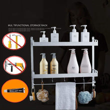 Load image into Gallery viewer, Online shopping 2 layer space aluminum bathroom corner shelf shower caddy shampoo soap cosmetic storage basket kitchen spice rack holder organizer with towel bar and hooks rectangle double