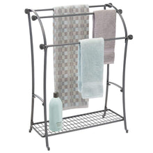 Load image into Gallery viewer, Products mdesign large freestanding towel rack holder with storage shelf 3 tier metal organizer for bath hand towels washcloths bathroom accessories graphite gray