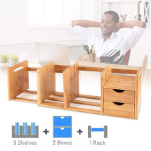 Load image into Gallery viewer, Get bamboo wood expandable desk organizer desktop tabletop organic wooden filing organization bookshelf w storage drawer for book home office file paper supplies cookbook serenelife sldcab180