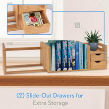 Load image into Gallery viewer, Heavy duty bamboo wood expandable desk organizer desktop tabletop organic wooden filing organization bookshelf w storage drawer for book home office file paper supplies cookbook serenelife sldcab180