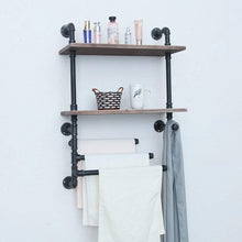 Load image into Gallery viewer, Try industrial towel rack with 3 towel bar 24in rustic bathroom shelves wall mounted 2 tiered farmhouse black pipe shelving wood shelf metal floating shelves towel holder iron distressed shelf over toilet