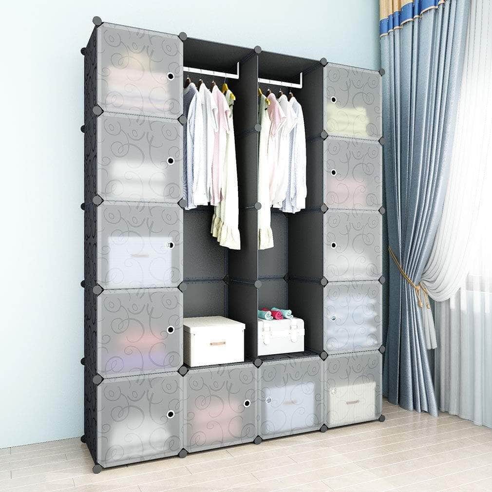 Get simpdiy space saving multifunction sturdy plastic storage organizer shelves bookshelf plastic portable wardrobe black 12 2 cubes 2 rods 144x36x180cm 57x13x71in