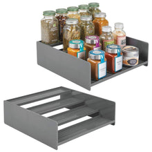 Load image into Gallery viewer, On amazon mdesign plastic kitchen spice bottle rack holder food storage organizer for cabinet cupboard pantry shelf holds spices mason jars baking supplies canned food 4 levels 2 pack charcoal gray