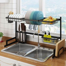 Load image into Gallery viewer, Shop here stainless steel black dish drying rack over kitchen sink dishes and utensils draining shelf kitchen storage countertop organizer utensils holder kitchen space saver for sink 32 5inch