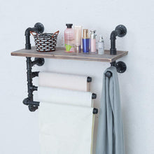 Load image into Gallery viewer, Top rated industrial towel rack with 3 towel bar 24in rustic bathroom shelves wall mounted farmhouse black pipe shelving wood shelf metal floating shelves towel holder iron distressed shelf over toilet