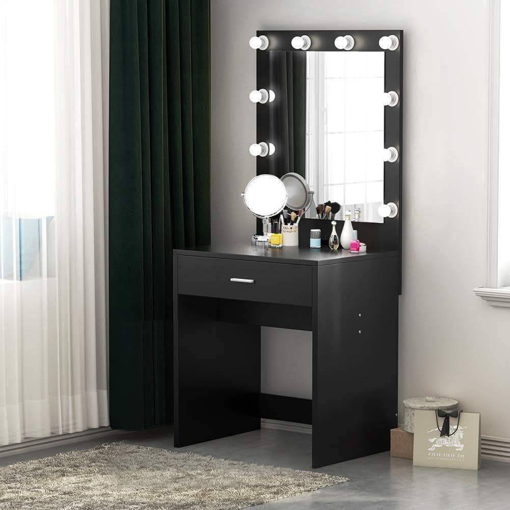 Tribesigns Vanity Set with Lighted Mirror, Makeup Vanity Dressing Table Dresser Desk with Large Drawer for Bedroom, Black (10 Cool LED Bulbs)