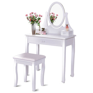 Giantex Vanity Table Set with 360° Rotating Round Mirror, Makeup Mirrored Dressing Table with Cushioned Stool & 3 Drawers, Bedroom Vanities for Women Girls, Detachable Mirror Stand to be a Desk, white