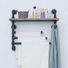 Load image into Gallery viewer, Best industrial towel rack with 3 towel bar 24in rustic bathroom shelves wall mounted farmhouse black pipe shelving wood shelf metal floating shelves towel holder iron distressed shelf over toilet