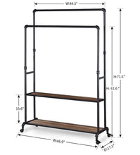 Load image into Gallery viewer, Buy now homissue 72 inch industrial pipe double rail hall tree with shoe storage on wheel 2 shelf rolling clothes rack organizer with 2 hanging rod for garment storage display vintage brown