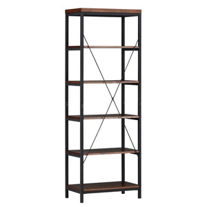 Kitchen modhaus living industrial rustic style black metal frame 6 tier 26 inches horizontal bookshelf storage media tower dark brown finish living room decor includes pen 26 inches wide