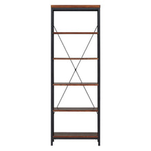 Load image into Gallery viewer, Home modhaus living industrial rustic style black metal frame 6 tier 26 inches horizontal bookshelf storage media tower dark brown finish living room decor includes pen 26 inches wide
