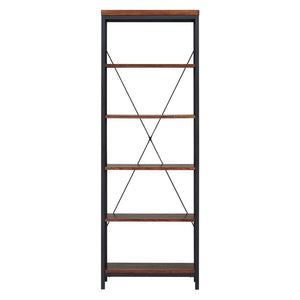 Home modhaus living industrial rustic style black metal frame 6 tier 26 inches horizontal bookshelf storage media tower dark brown finish living room decor includes pen 26 inches wide