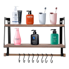 Load image into Gallery viewer, Storage halcent wall shelves wood storage shelves with towel bar floating shelves rustic 2 tier bathroom shelf kitchen spice rack with hooks for bathroom kitchen utensils