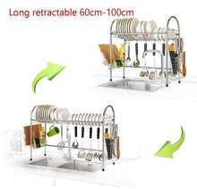 Load image into Gallery viewer, Featured mago retractable 304 stainless steel dish rack drain rack sink universal pool frame kitchen shelf multi function kitchen storage size 100cm x 28cm x 82cm