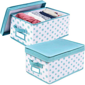 Homyfort Foldable Storage Box Bins with Lid,Sturdy Canvas Drawer Dresser Organizer for Closet Clothes,Bras,Ties, Set of 2 White Canvas with Blue Flowers