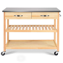 Load image into Gallery viewer, Products giantex kitchen trolley cart rolling island cart serving cart large storage with stainless steel countertop lockable wheels 2 drawers and shelf utility cart for home and restaurant solid pine wood