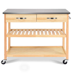 Products giantex kitchen trolley cart rolling island cart serving cart large storage with stainless steel countertop lockable wheels 2 drawers and shelf utility cart for home and restaurant solid pine wood