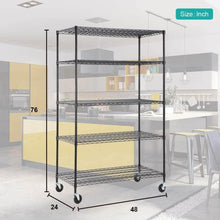 Load image into Gallery viewer, Organize with 5 wire shelving unit steel large metal shelf organizer garage storage shelves heavy duty nsf certified commercial grade height adjustable rack 5000 lbs capacity on 4 wheels 24d x 48w x 76h black